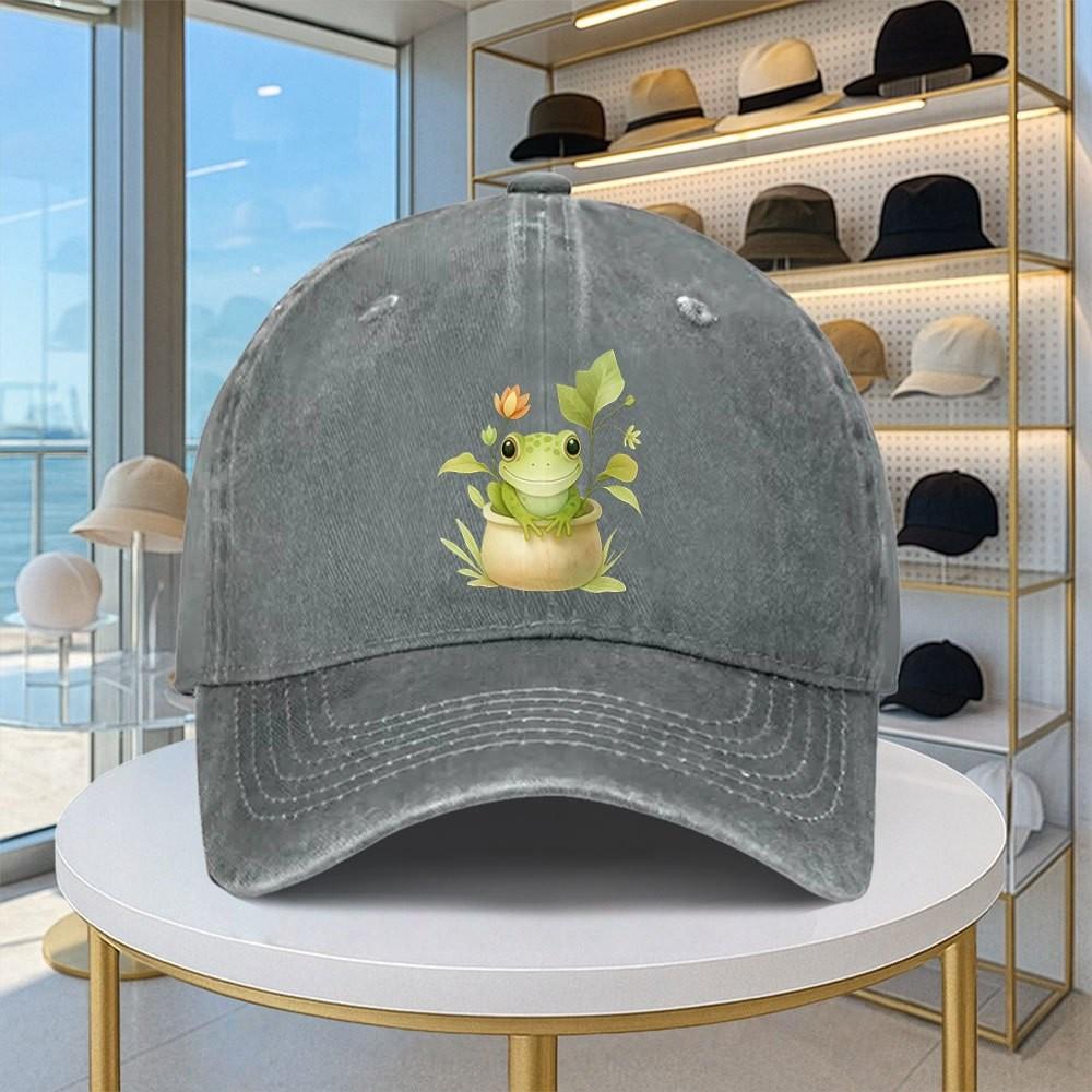 Cute Cartoon Frog Print Washed Denim Baseball Cap Adjustable Casual Sun Hat