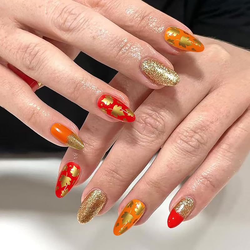 Fall Leaf Press On Nails Thanksgiving Fake Nails with Rhinestones Design Long Almond Autumn Acrylic Nail Glossy Maple Leaves Glue On Nail for Women