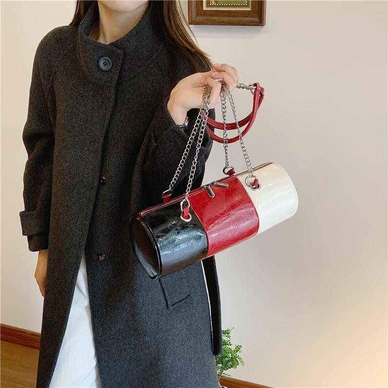 Bolsos de Hombro con Cadena de Moda Para Mujer Color de Contraste Cuero Pu Bolso de Mano Costura Tricolor Bolso Cilíndrico Casual Pequeña Capacidad Bolso Cruzado