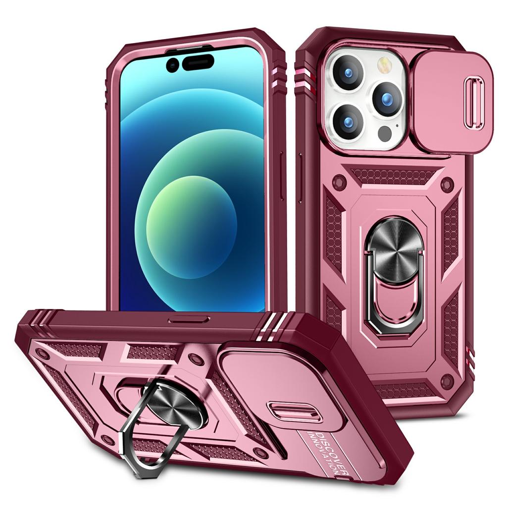For iPhone 15 Pro Max Kickstand Case Card Holder PC+TPU Phone Cover with Sliding Camera Protection