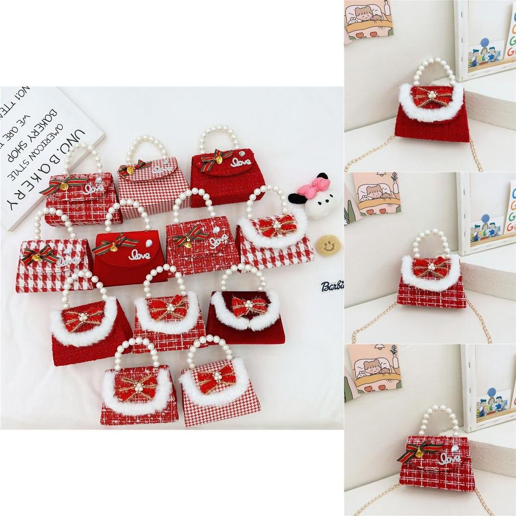 Fun Red Velvet Gatherings Handbag For Girls Featuring Cartoon Patterns And Stylish Beads