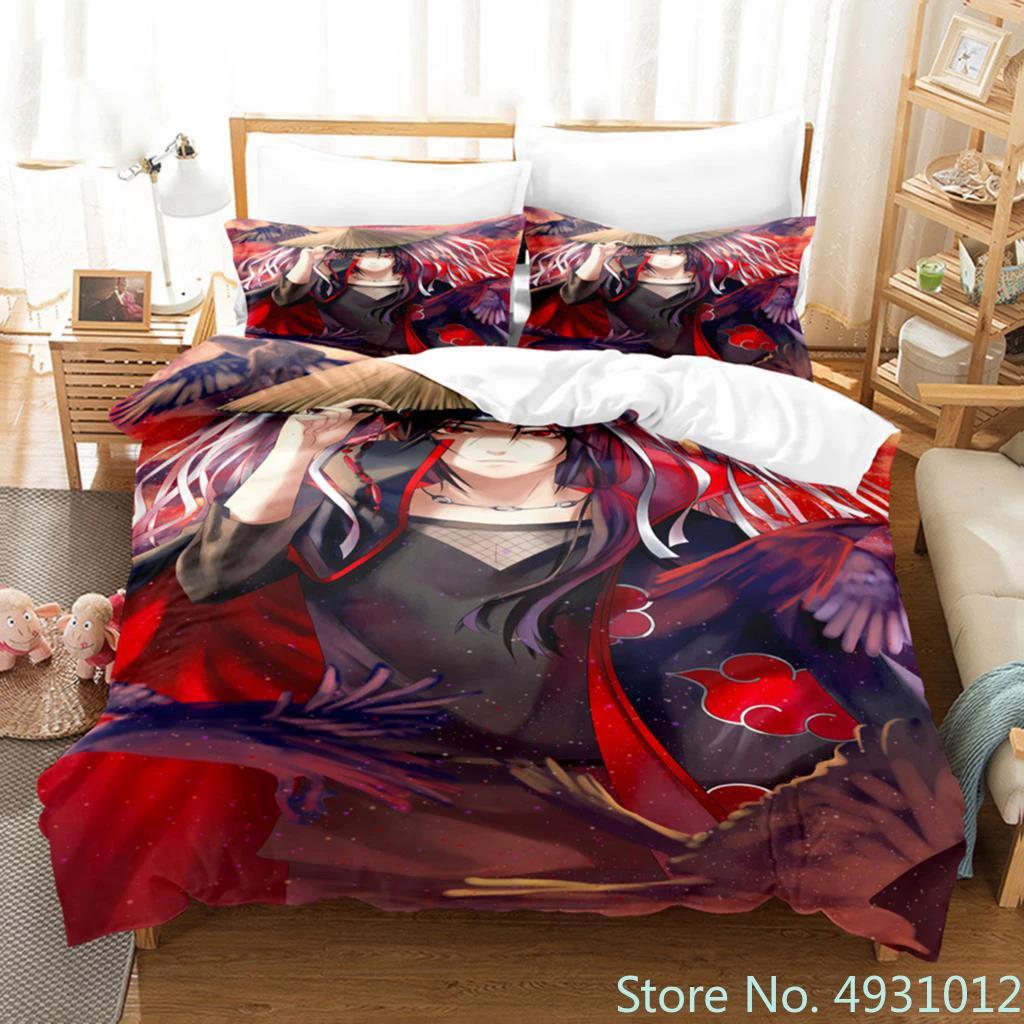 Anime Uchiha N-Naruto Uzumaki Red Cloud Bedding Sets Household Quilt Duvet Cover Itachi Home Textile Bed Suit Children Kids Gift