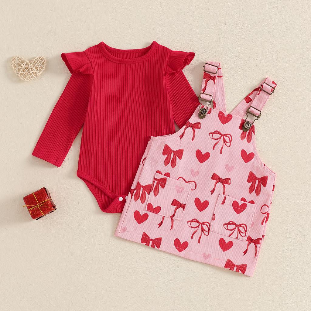 Baby Mädchen Valentinstag Outfit Einfarbig Gerippt Rüschen Langarm Strampler Herz Schleife Druck Latzkleid 2-teiliges Set