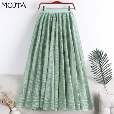 Spring New Style Women's High-waist Lace Crocheted Hollow Mid-length Large Swing A-line Umbrella Skirt Skirt Long Skirt