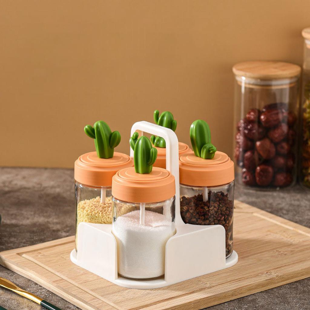 Kitchen Seasoning Jar Set Cactus Shape Lid Glass Bottle Good Sealing Spice Container with Bottom Tray 3Pcs