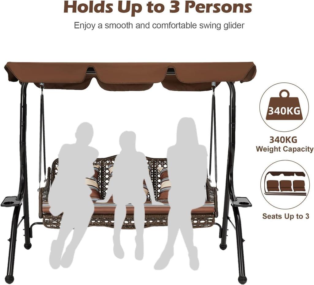 YODOLLA 3-Seat Outdoor Patio Swing Chair with Canopy, Rattan & Steel Frame includes Cushion & Pillow, Brown