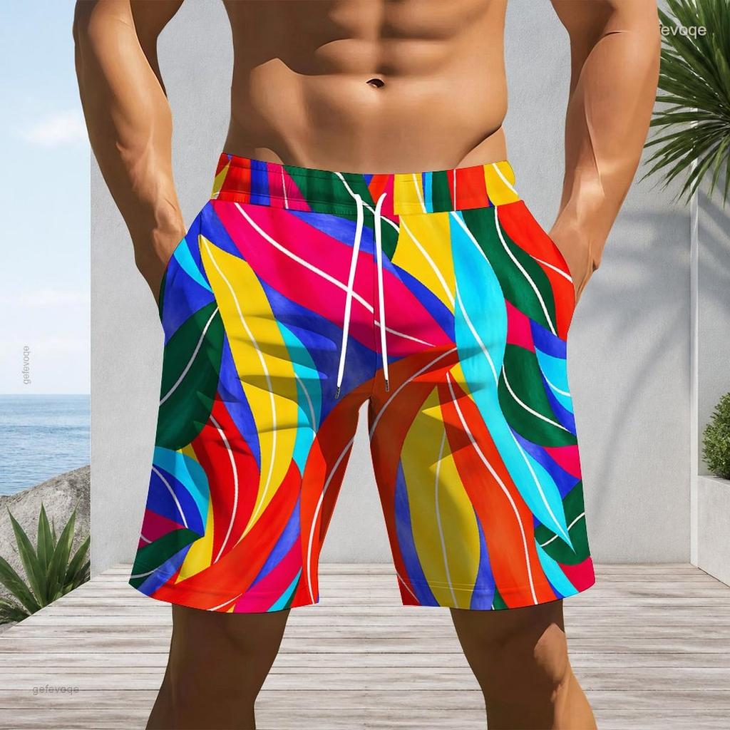 Men Big Size Abstract Marble Print Drawstring Beach Shorts Quick Dry Casual Swim Trunks With Pockets For Summer Holiday Surfing