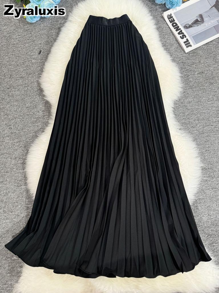 Wavy Edge Pleated Skirt High Waist Slimming Office Wear Versatile Long Dress for Women