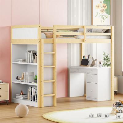 Loft Bed 90 X 200cm with Storage Cupboards And Computer Desk, Multifunctional Loft Bed for Children Made of Wood In Wood Color