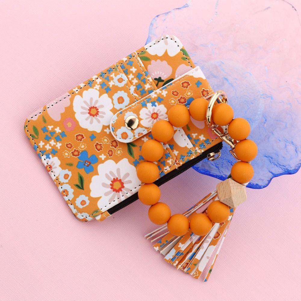 Pu Leather Wristlet Wallet Keychain Fragmented Design Leather Card Bag Keychain  Travel