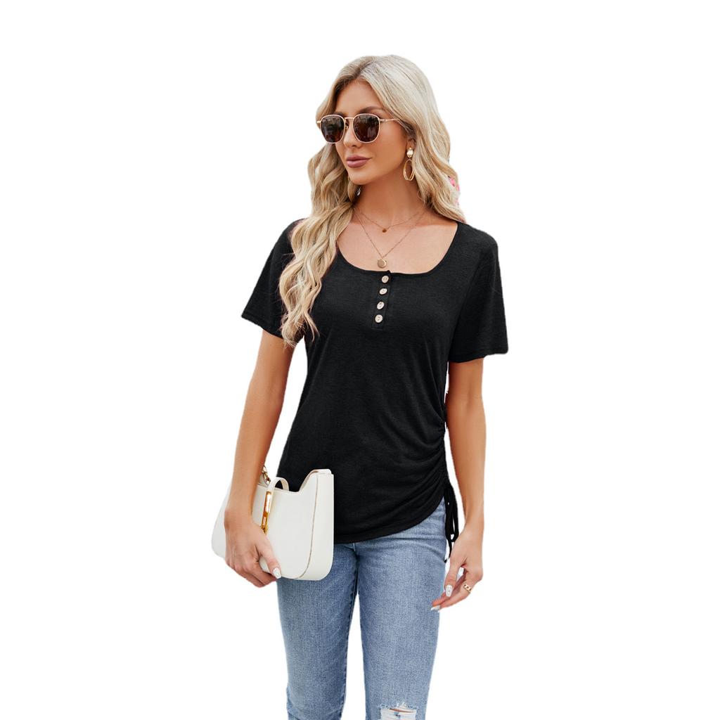 Letní dámské tričko Knoflíček U Neck Volný Stahovací Top Krátký rukáv