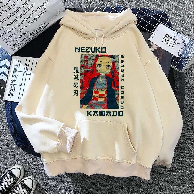 Japan Anime Demon Slayer Hoodies Japanese Casual Kangaroo Pocket Hoodie Harajuku Cartoon Manga Khaki Pullovers Aesthetic Clothes