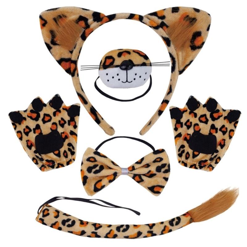Leoparden Kostüm Set Leoparden Ohren Schwanz Schleifen Nase Handschuhe Tier Kostüm Set Zubehör Kinder Halloween Cosplay Requisiten