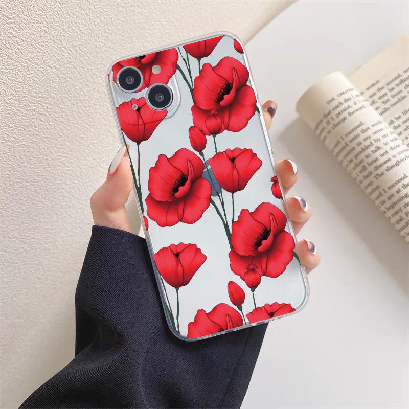 Poppy Flower Bloom Hot Red Clear Case For iPhone 15 11 14 Pro Max 12 13 Pro Max Mini XS X XR SE 2020 7 8 Plus Transparent Cover