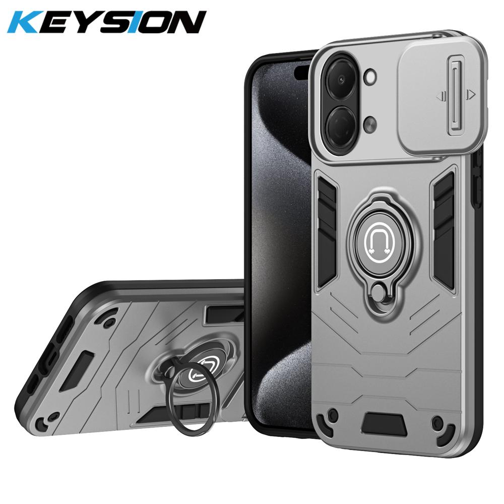 

KEYSION Shockproof Armor Case for TECNO Spark Go 3 Slide Camera Lens Protection Ring Stand Phone Back Cover for Tecno Pop 20 for Tecno Pop 20 сірий