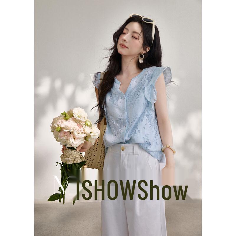 Women s Hollow-Out Embroidered V-Neck Flutter Sleeve Blouse M