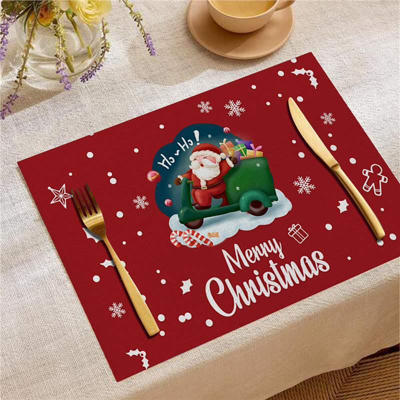 Nordic Christmas Santa Elk Linen Placemat Square, Festive Restaurant Table Decoration