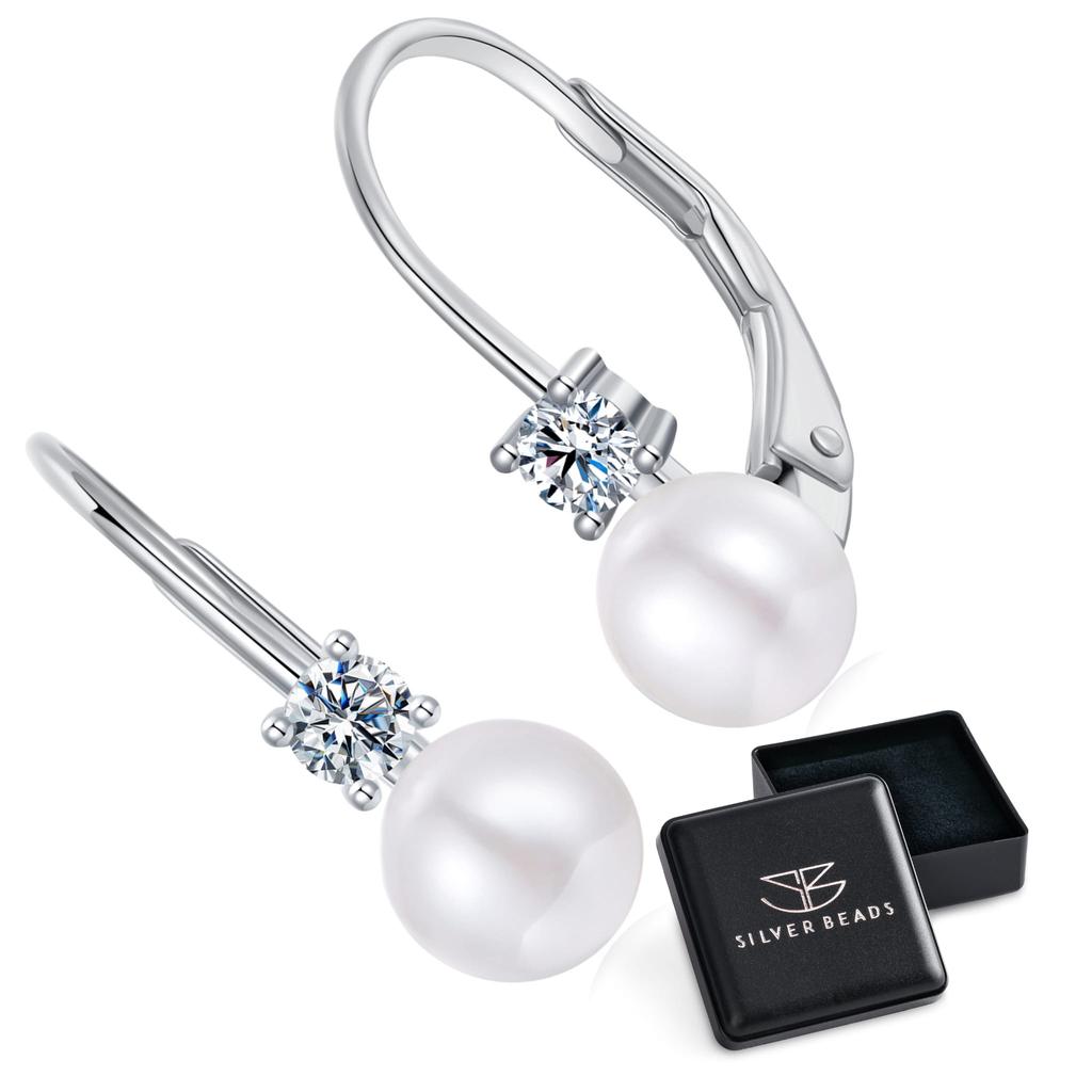 Silver Earrings with 0.1 Ct Moissanites and Pearls, English Silver 925 Hooks
