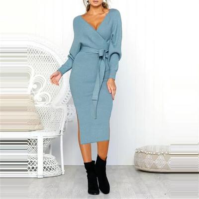 Damen Warp V-Ausschnitt Langarm Rüschen Split Midikleid Einfarbig Figurbetontes Cocktailpartykleid