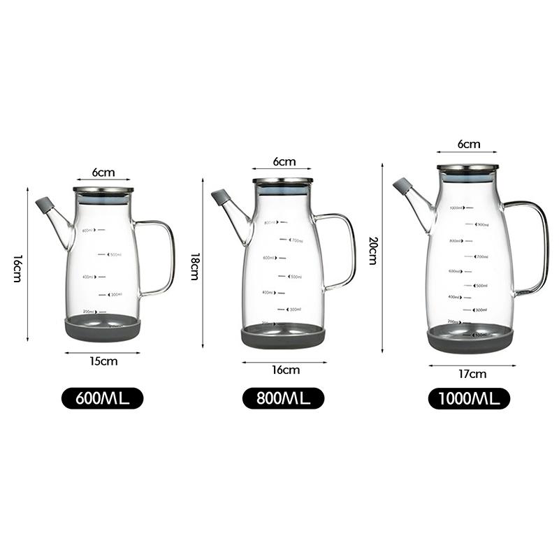 Oil Pot 600/800/1000ml Glass Oil Bottle with Scale Stainless Steel Lid High Temperature Resistant Household Kitchen Oil Pot