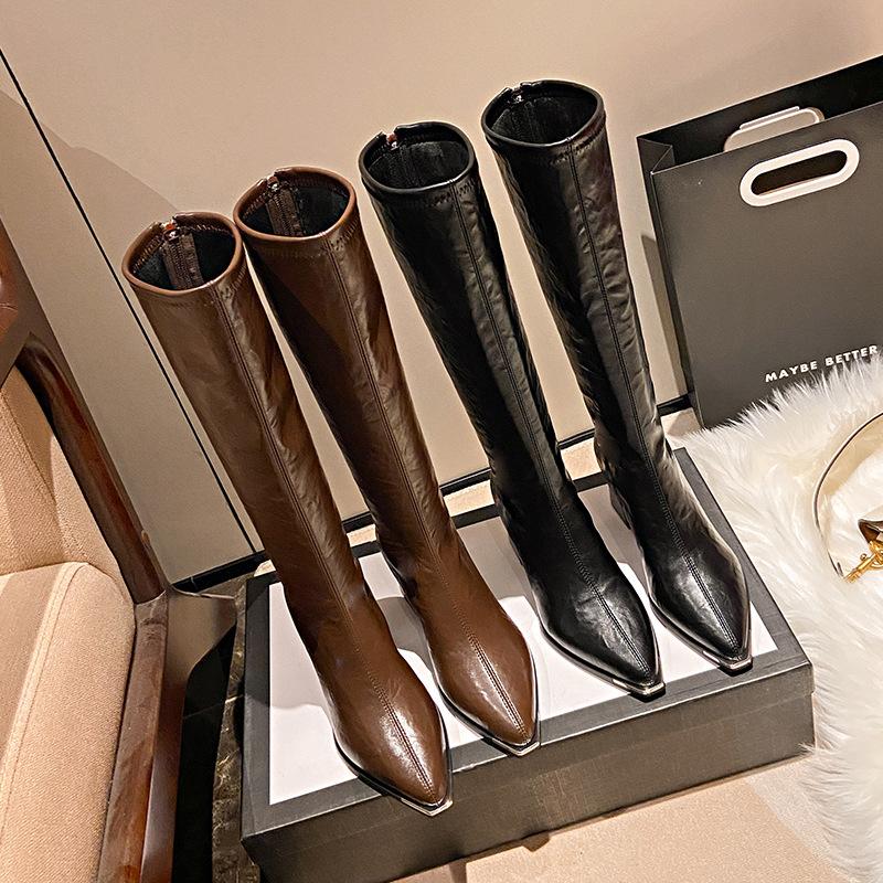 High boots 2025 new spring and autumn shiny boots children's long boots pointed toe thick heel high-heeled knight boots