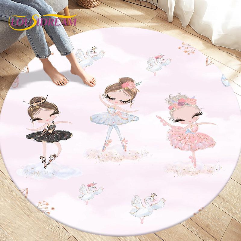 Cute Ballet Girl Ballerina Cartoon Round Area Rug,Carpet for Living Room Bedroom Sofa Playroom Decor,kid Play Non-slip Floor Mat