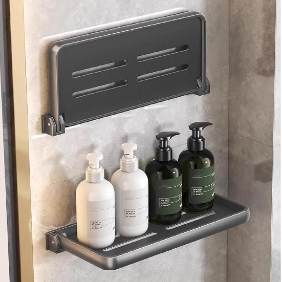 Aluminum RV Foldable Shelf | Space Saving Wall Mounted Floating Shelf, Fold Down Rack for Bathroom, Shower Gel, Shampoo