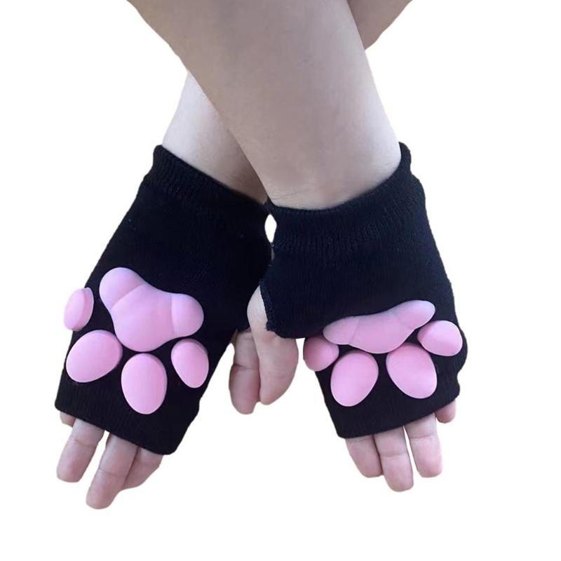 Silicone 3D Cats Claw Pad Mittens Fingerless Kitten Paw Gloves Halloween Cats Cosplay Mitten Knitted Lolita Hand S