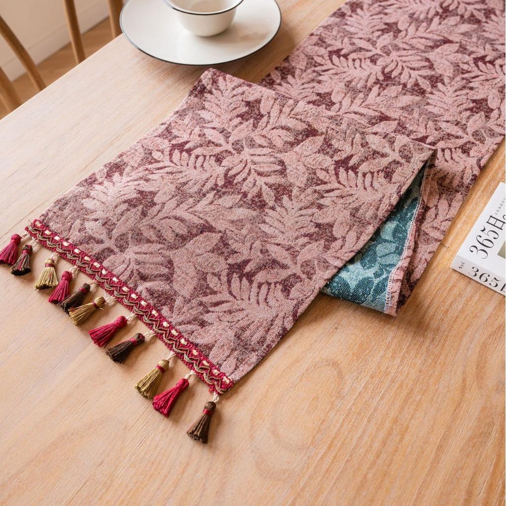 Jacquard Water Grass Red Fringe Tassels Table Runner, Fabric Plants Kitchen Dining Table Decoration for Home Party Festival