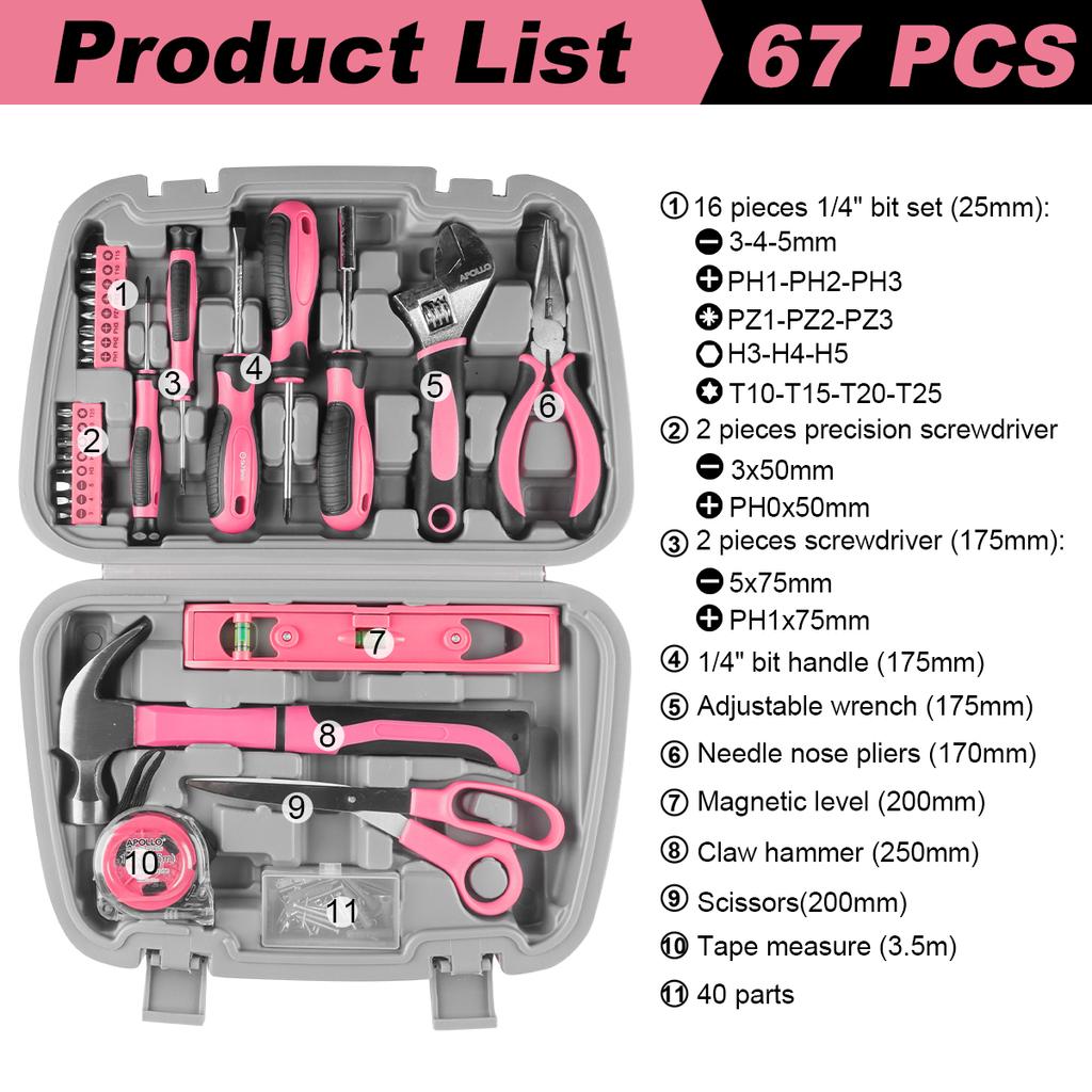 Tool Set General Household Toolkit with Toolbox Storage Case, Ladies Basic House DIY Tool Kit Set for Home Garage Office Use