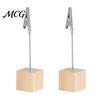 Metal Pole Memo Stand 2 Pcs Wooden Cube Base Holder with Clips, Mini Table Smooth Open Close Clip Number Stands for Name Cards, Photos, Memos,
