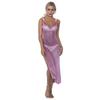 Damen V-Ausschnitt Ärmellos Schimmerndes Maxikleid Schmale Passform Hoher Schlitz Strand-Überwurf