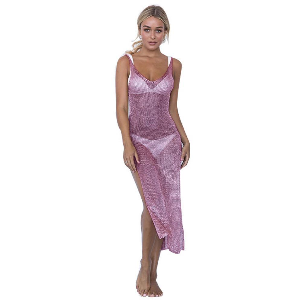 Damen V-Ausschnitt Ärmellos Schimmerndes Maxikleid Schmale Passform Hoher Schlitz Strand-Überwurf