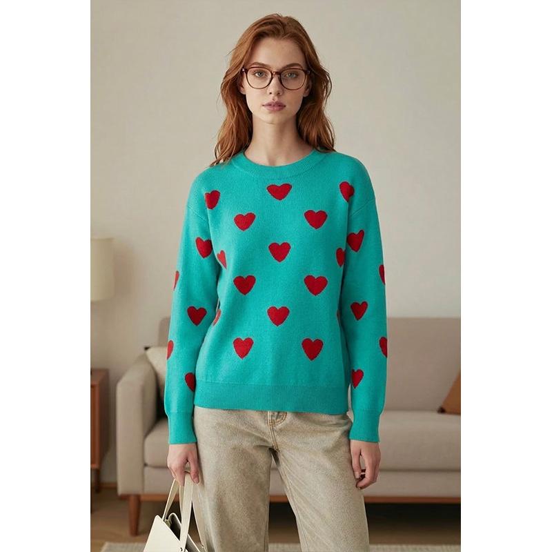 Women's Heart Shape Jacquard Knit Sweater - European & Korean Style, Loose Fit for Autumn/Winter