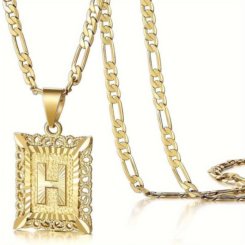 Initial Letter Pendant Necklace for Men Women 14K Gold Plated Square Necklace 26 Letters Long Chain Necklace GZW
