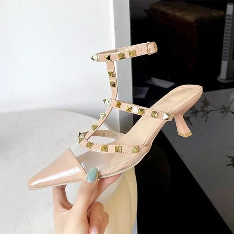 

Original Brand Designer Metal Rivet Decoration High Heels Women Sexy Pointed Toe Patent Leather Ankle Strap Thin Heeled Sandals 39 розовый