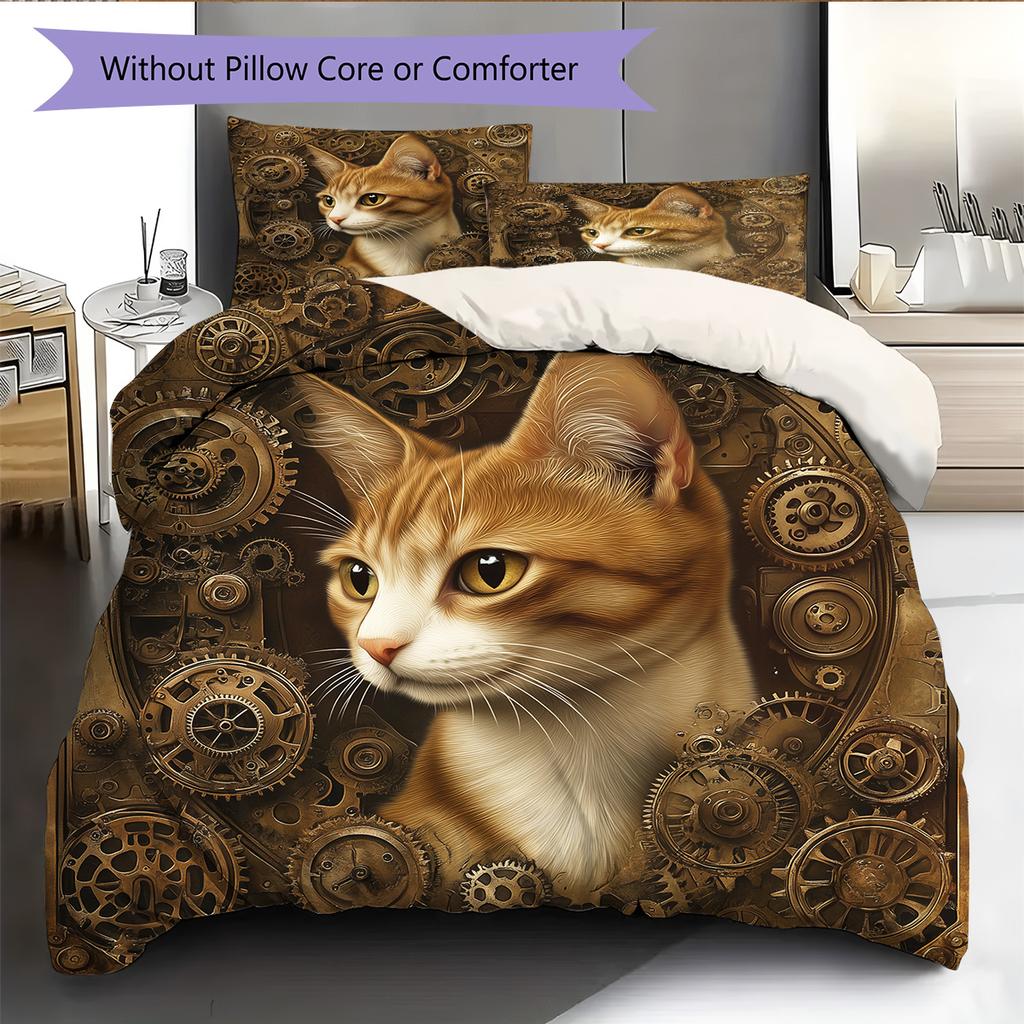 Gear Cat Pattern Bedding Quilt Set Quilt Cover Pillowcase Home Decoration Gift (1 * duvet cover + 2 * pillowcase, without core)