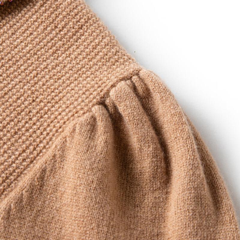 TUHUANG Women's Pure Wool Puff Sleeve Turn-Down Collar Knit Sweater