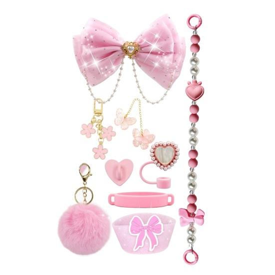 1 Set Tassenhülle Funkelnde Strasssteine Schleife Plüschball Dekoration Kunstperlen Lanyard Tassenzubehör mit Silikonboden-Schutz