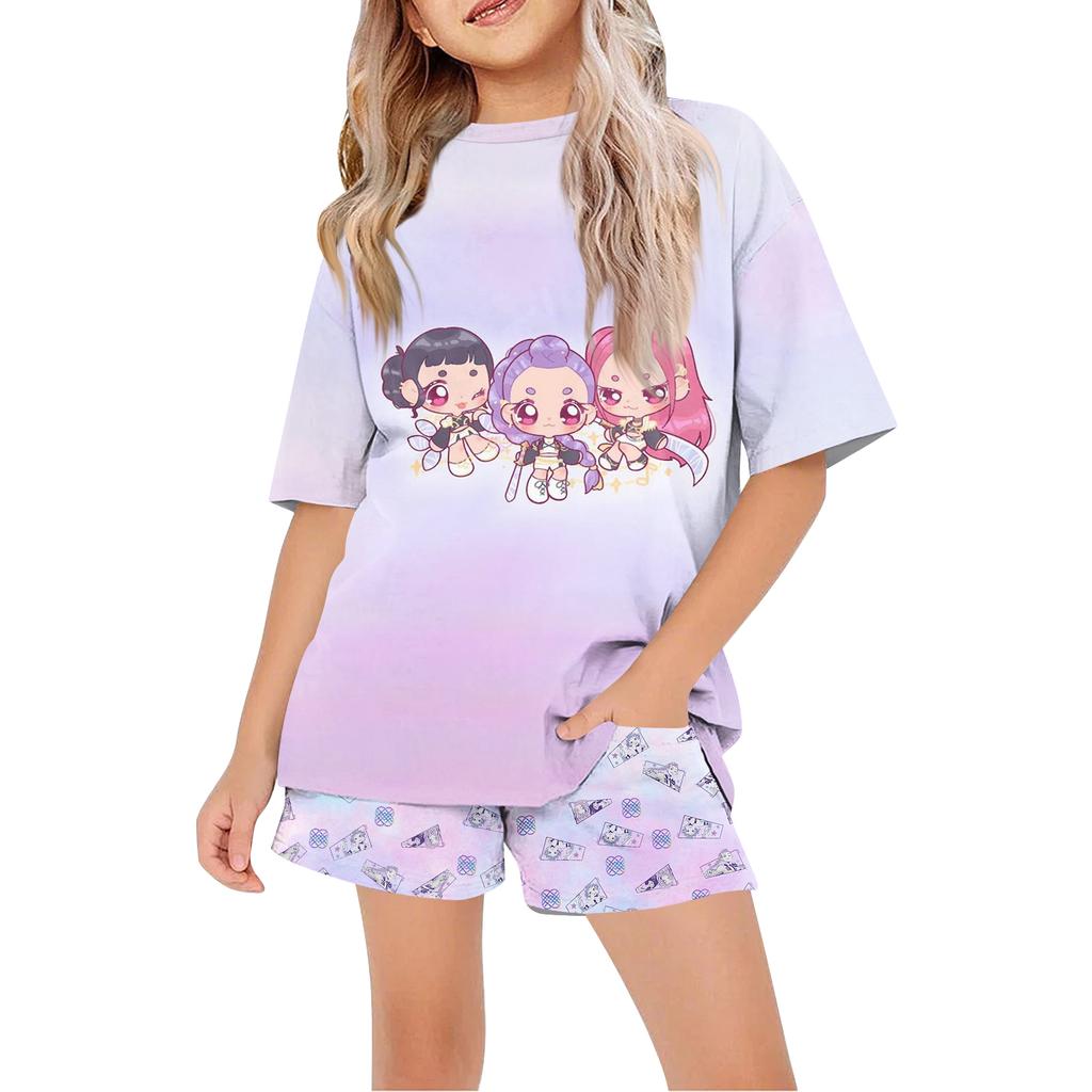 Παιδικό Καλοκαιρινό Αθλητικό T-Shirt Και Σορτς Σετ Φόρμας 2 Τεμαχίων Μπλουζάκια Κοντομάνικα Με Σχέδια Crop Tops Με Σετ Ρούχων