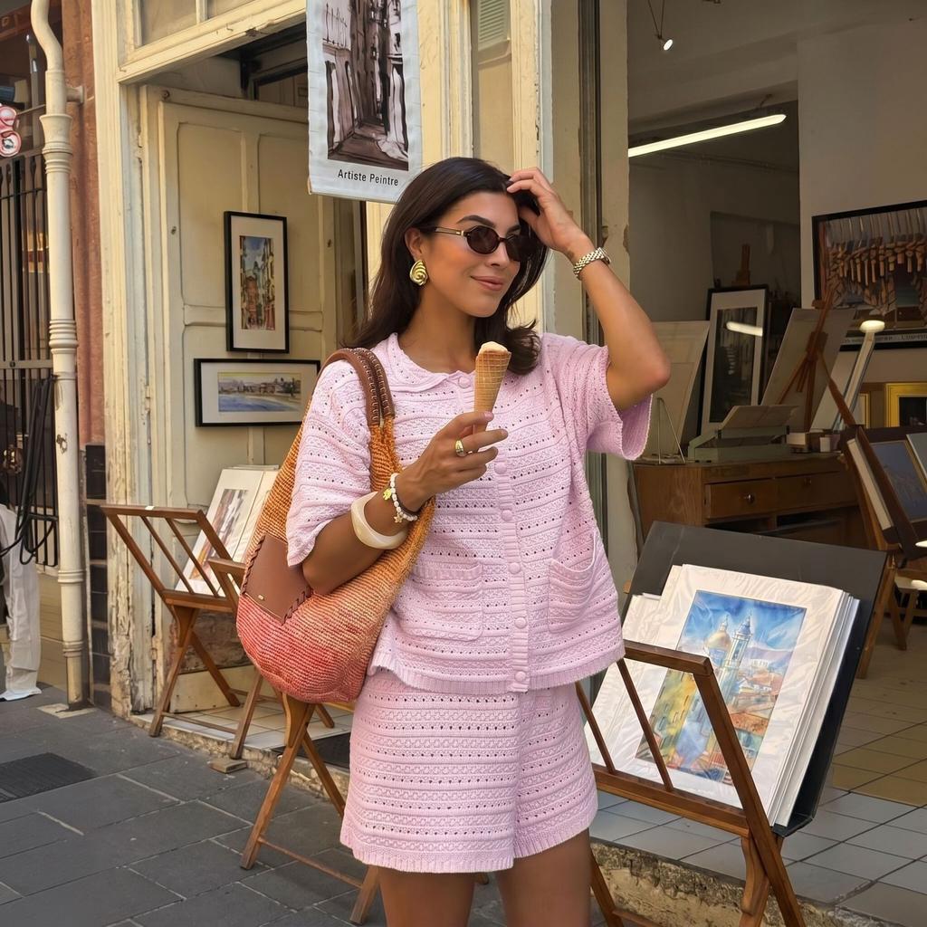 2026 New Spring and Summer European and American Beach Blouse Short Sleeve Solid Color Empty Knitted Cardigan Shorts Two-piece Women's Set