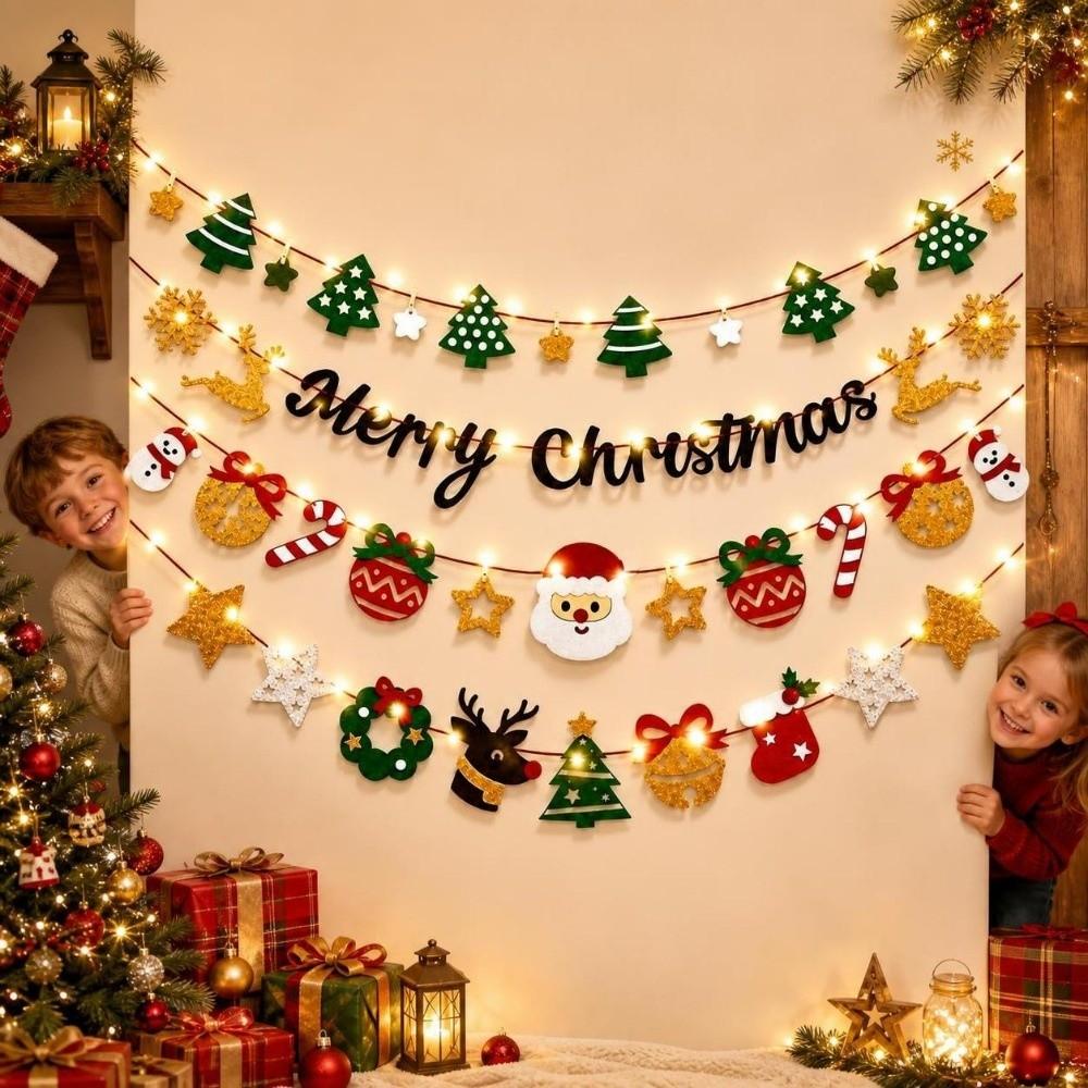 Warm Light Wall Hanging Banner Cartoon DIY Pull Flag Christmas Luminous Banner  Christmas Party