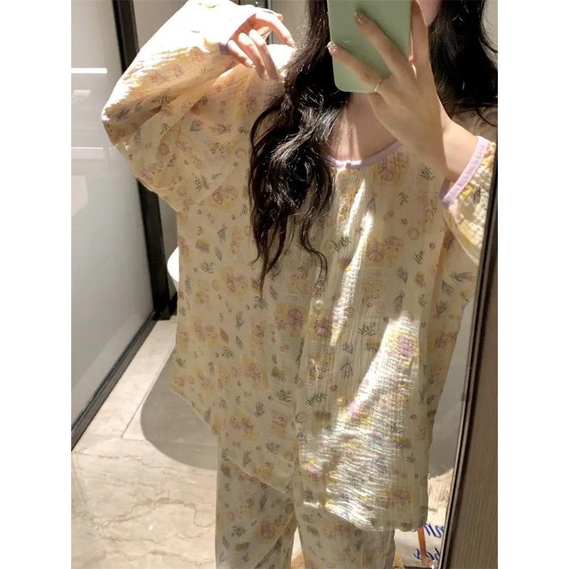 Women's Pajamas Autumn Spring Long Sleeve Soft Sleepwear Set Grid Cartoon Pyjama Woman Home Nightwear Set Cardigan