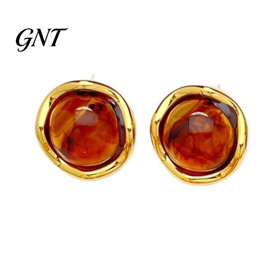 Soft Color Resin Studs 1 Pair Gemstone Stud Earrings for Women, Gold Plated Round Natural Slimming Face Shape Healing Stone Earrings, Stainless Steel