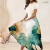 Women Plus Size Round Neck Short Sleeve Blue Gold Printed A Line Long Dress