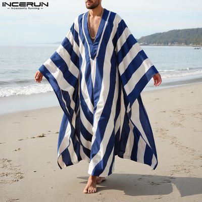 Men V Neck Batwing Sleeve Striped Print Irregular Casual Loose Long Dress Robes