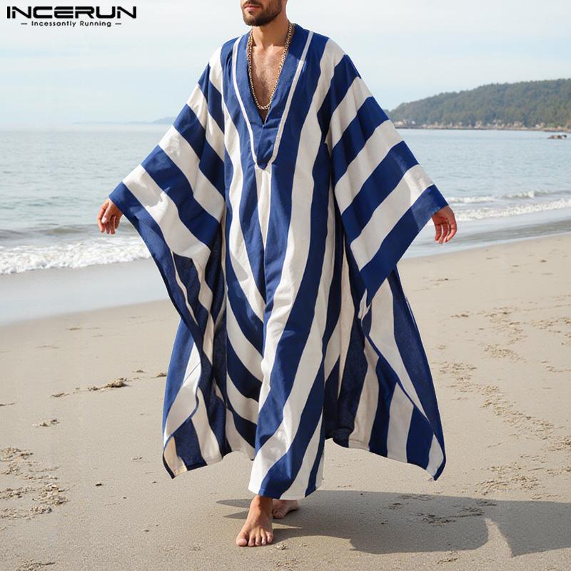 INCERUN Men V Neck Batwing Sleeve Striped Print Irregular Casual Loose Long Dress Robes
