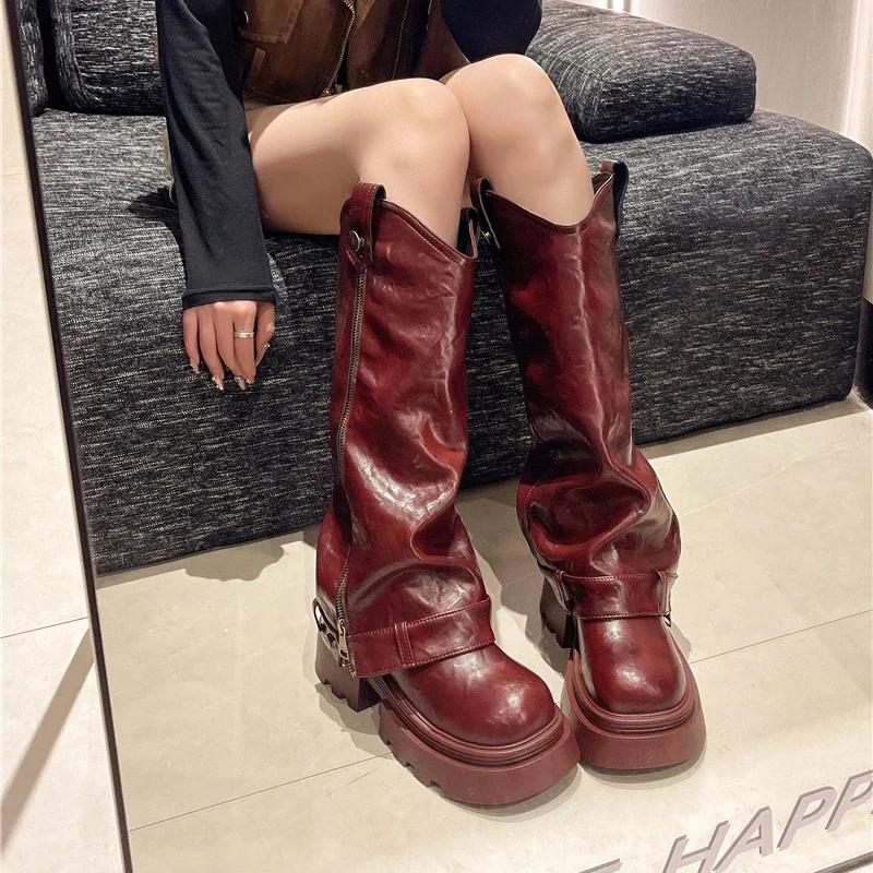 Fashion Women's Boots 2025 New Style Retro High Western Boots for Autumn and Winter Fashion Versatile Female Knight Boots