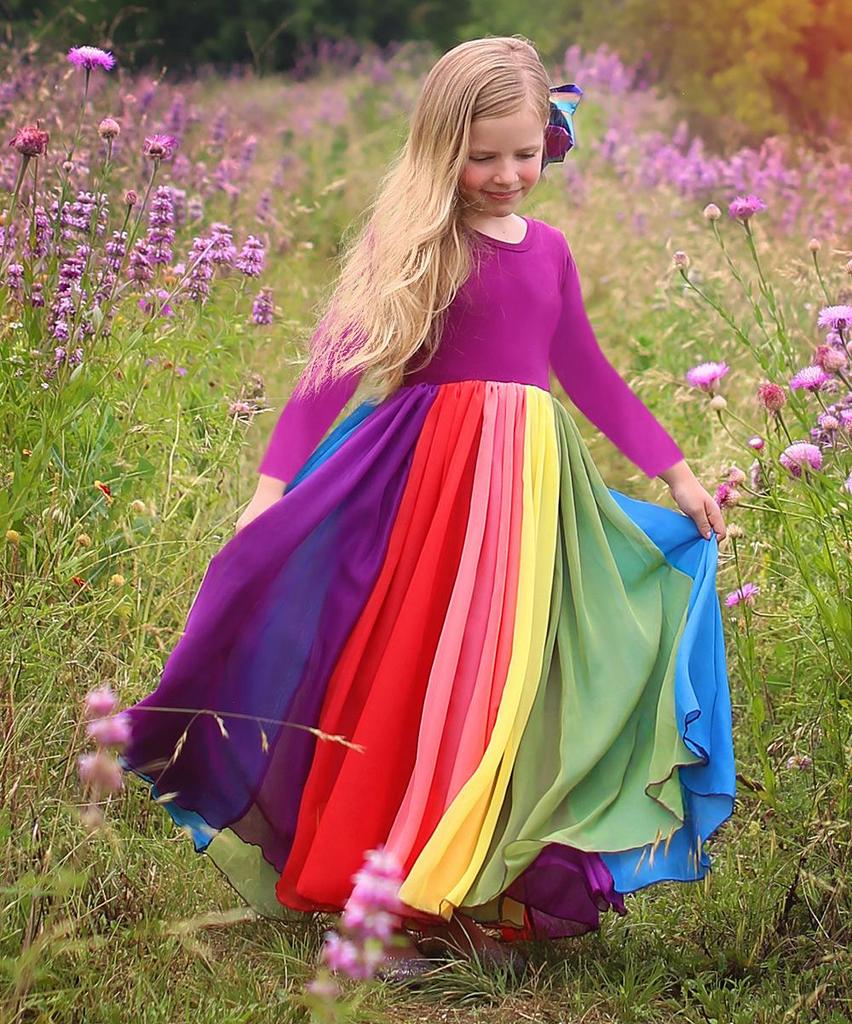 Rainbow Mesh Long Sleeve Dress for Girls - Autumn/Winter Princess Skirt