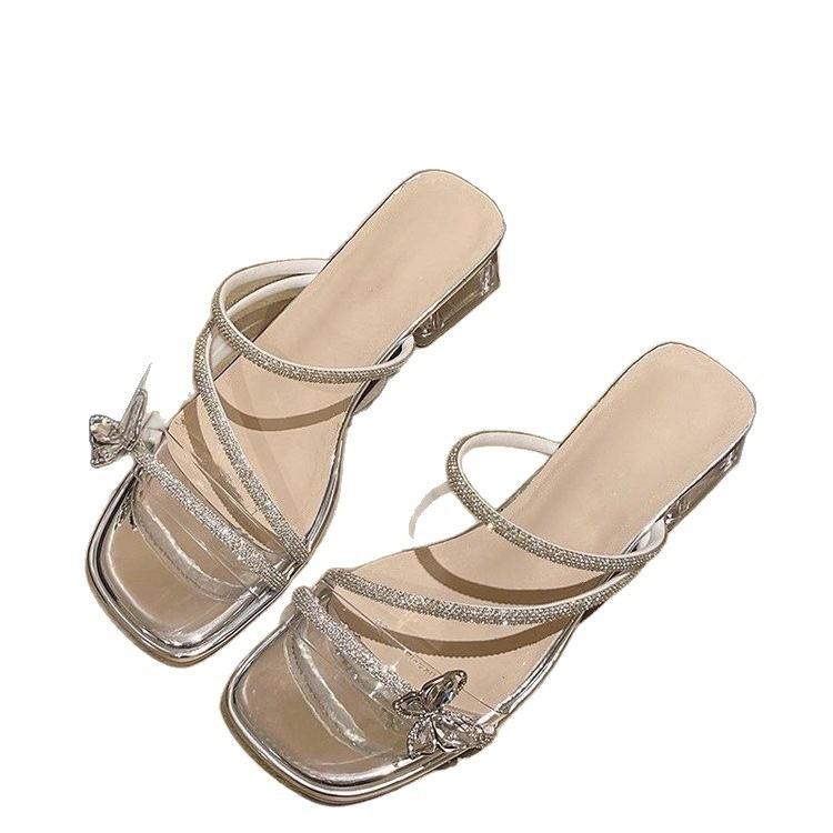 French thick-heeled slippers women's summer wear 2025 new fairy style bow rhinestone temperament high-heeled crystal sandals